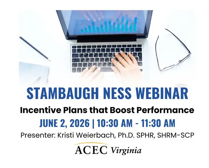 Graphic for Stambaugh Ness and ACEC VA webinar: Incentive Plans that Boost Performance with Kristi Weierbach, April 8.