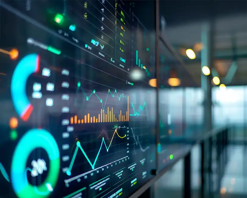 AEC firm KPI dashboard showing glowing, interconnected charts, illustrating how different financial metrics work together.