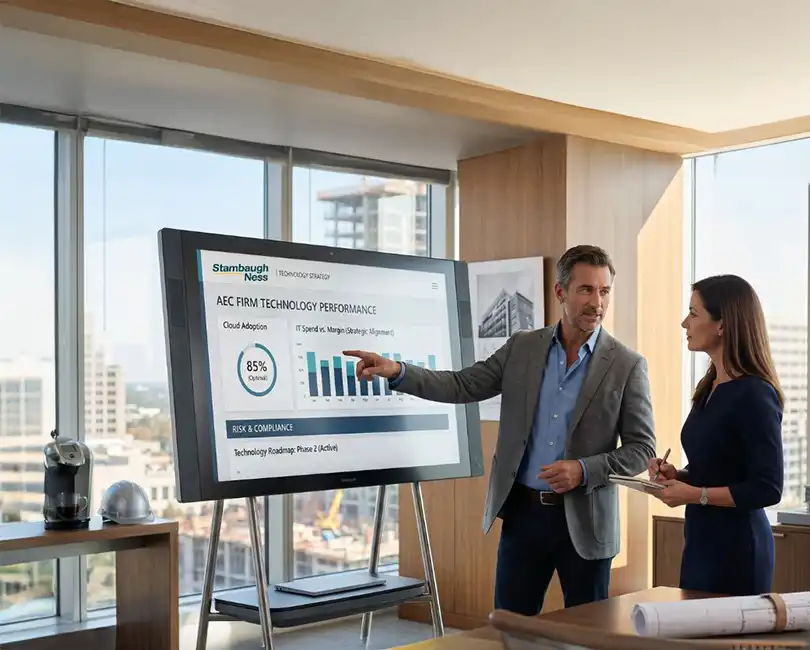 Two professionals in a modern AEC office collaborating over a data dashboard showing 'Cloud Adoption' and 'Risk & Compliance' as an example of outsourced CIO services for AEC firms.