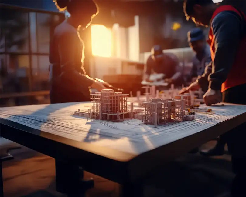 Featured image for Stambaugh Ness blog: R&D Tax Credits for AEC Firms: What You Need to Know in 2026, by Marla Miller. The graphic features a collaborative team of AEC professionals reviewing a detailed building model in warm sunset lighting.