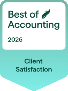 2026 Best of Accounting Award badge for Client Satisfaction, featuring the official dark green and teal digital logo.