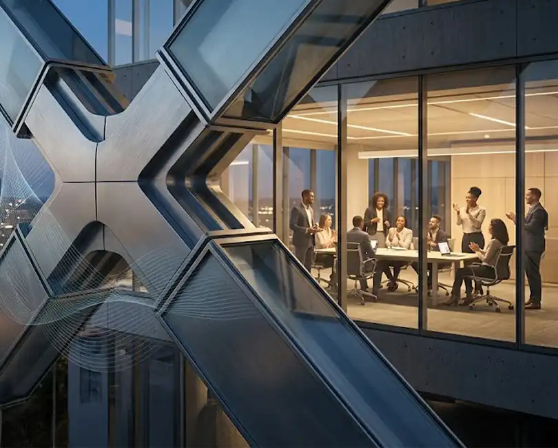 AEC M&A blog cover featuring professionals celebrating through a window, emphasizing structural integrity, "One Team" culture, and growth.