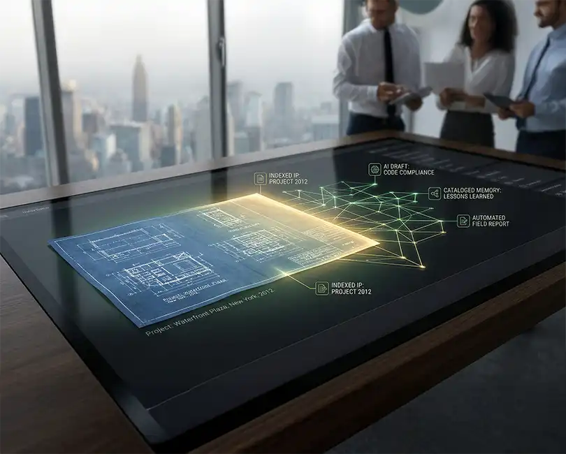 A unified visualization showing a historic AEC blueprint transforming into a searchable, indexed intellectual property network, cataloged for AI-driven code compliance and automated reporting.