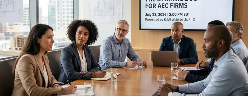A diverse group of professional AEC executives and firm leaders sitting around a wooden conference table in a modern office, listening to a presentation. On the wall behind them, a large digital monitor clearly displays text for the webinar titled "Compensation & Culture: The Dynamic Duo for AEC Firms," featuring the date July 23, 2026, and presenter Kristi Weierbach, Ph.D.