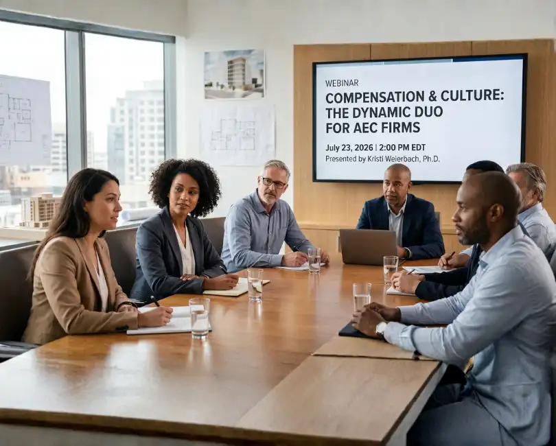 A diverse group of professional AEC executives and firm leaders sitting around a wooden conference table in a modern office, listening to a presentation. On the wall behind them, a large digital monitor clearly displays text for the webinar titled "Compensation & Culture: The Dynamic Duo for AEC Firms," featuring the date July 23, 2026, and presenter Kristi Weierbach, Ph.D.