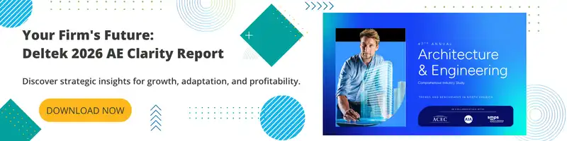 Banner promoting the Deltek 2025 AE Clarity Report, featuring geometric shapes, a button labeled "Download Now," and text about strategic insights for growth, adaptation, and profitability in architecture and engineering