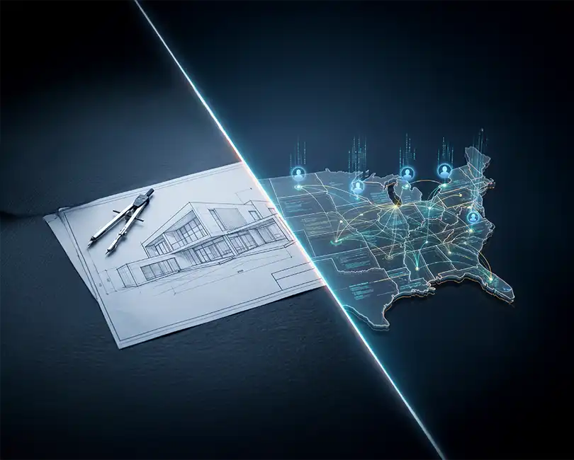 A sleek photo of architectural plans and drafting tools transitioning into a modern multi-state data map with remote employee nodes and tax flow lines.