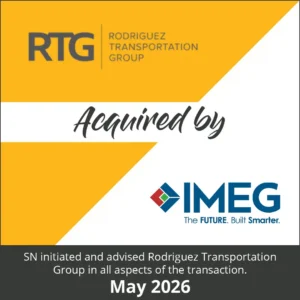 Graphic announcing that Rodriguez Transportation Group (RTG) has been acquired by IMEG, with a note that Stambaugh Ness (SN) initiated and advised Rodriguez Transportation Group (RTG) in all aspects of the transaction. May 2026
