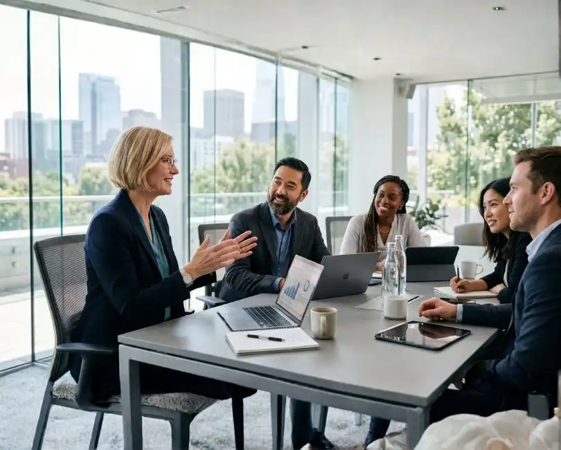 A diverse AEC leadership team collaborating in a bright conference room to discuss compensation strategy and career development frameworks.