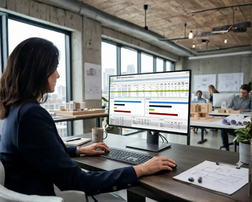 A woman in an office, seen over-the-shoulder, looking at a computer monitor displaying a detailed software dashboard labeled 'AEC Solutions Ajera Financial Performance Metrics'. Her hands are on a keyboard. The background is a blurred architect's studio with other people and architectural models.