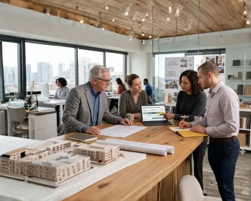 A multi-generational team of four architecture and engineering professionals collaborates around a large wooden table in a modern design studio, discussing an 'AEC OWNERSHIP TRANSITION TIMELINE' displayed on a tablet alongside project blueprints and architectural models.
