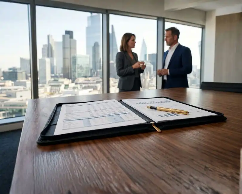 AEC sell-side due diligence financial audit documents and gold pen on a boardroom table, with business brokers discussing an architecture and engineering firm M&A transaction in the background.