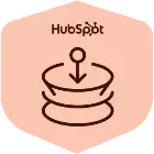 HubSpot Inbound certification badge featuring a flywheel graphic with a central arrow pointing downward into a circular funnel inside a light peach hexagon.