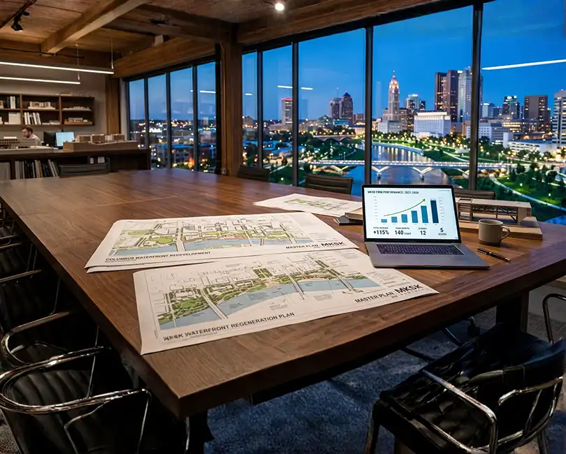 Architectural conference table at twilight featuring MKSK urban design master plans and a laptop showing financial growth charts, set against a city skyline, with text reading "How Evaluating AEC M&A Alternatives Doubled MKSK's Footprint" by Jeff Adams, CM&AA, Stambaugh Ness.