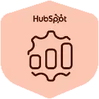 HubSpot Sales Management certification badge featuring a gear icon partially surrounding three rising bar chart columns inside a light peach hexagon.