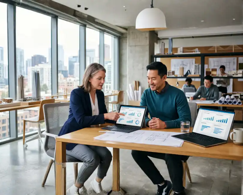 An image titled '10 Ways Outsourced Accounting Can Improve Financial Performance for AEC Firms' by Val Higgins. The file outsourced-accounting-aec-financial-performance-1080x1350.png features two people collaborating at a wooden desk in a modern architectural studio, pointing at graphs on a tablet and laptop, with a large window and city view. The Stambaugh Ness logo is in the bottom right.