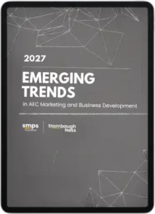 Cover of the 2027 Emerging Trends in AEC Marketing and Business Development report displayed on a tablet, co-authored by the SMPS Foundation and Stambaugh Ness.