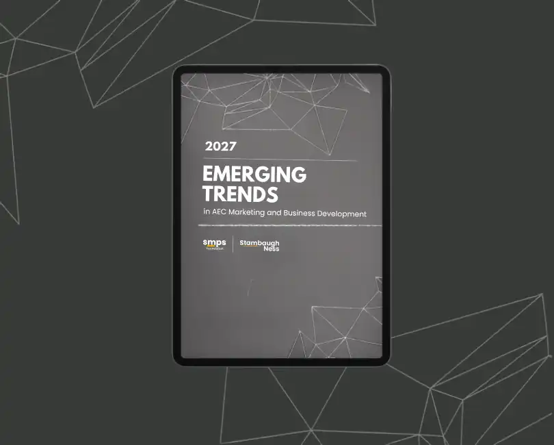 Cover of the 2027 Emerging Trends in AEC Marketing and Business Development report displayed on a tablet, co-authored by the SMPS Foundation and Stambaugh Ness.