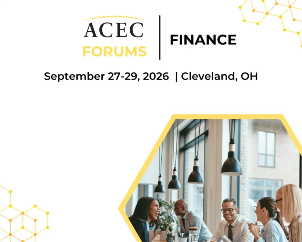 Event Graphic: ACEC Finance Forum, September 27-29, in Cleveland, OH featuring professionals collaborating around a conference table.