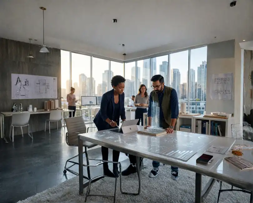 Two professionals in a modern office, standing at a smart table with embedded data displays and a 3D building hologram, working with a tablet. The text reads: 'The Future of AEC Marketing & BD: Trends Firms Can't Ignore', and 'BY: SCOTT D. BUTCHER, FSMPS, CPSM'. The Stambaugh Ness logo is in the bottom right.
