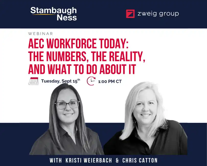 AEC Workforce Today webinar graphic featuring speakers Kristi Weierbach from Stambaugh Ness and Chris Catton from Zweig Group, scheduled for September 15.