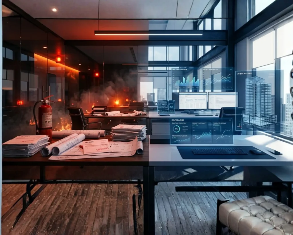 Split-screen graphic titled "From Firefighting to Forecasting: How AE Firms Drive Profitability with Data" by Valerie Higgins for Stambaugh Ness, contrasting a chaotic desk under emergency lighting with an organized workspace featuring Deltek Ajera financial dashboards and 3D BIM models.