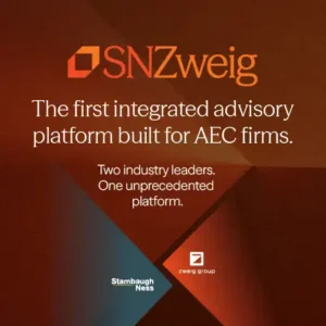 SNZweig launch graphic featuring Stambaugh Ness and Zweig Group logos: The first integrated advisory platform built for AEC firms.
