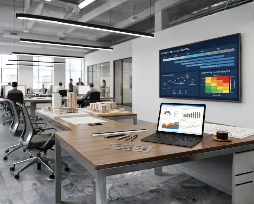 Executive boardroom with digital technology roadmap and analytics display for AEC firm CIO leadership article "How a vCIO Helps Mid-Sized AEC Firms Outsmart Enterprise IT Budgets" by Steve Jarmon