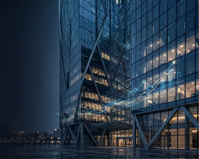 Modern glass-and-steel architectural building at dusk with an overlaid glowing financial growth chart, representing scalable AEC finance operations.