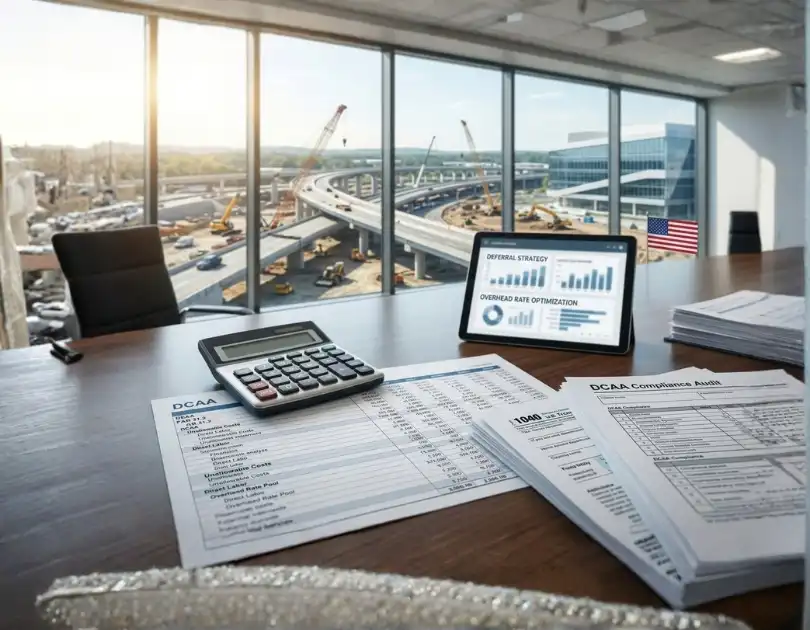 Promotional banner for a virtual event titled "Maximizing Overhead: Strategic Tax Planning for Government Contractors" on Thursday, November 5, 2026, featuring speakers Marla Miller and Tony Machi.
