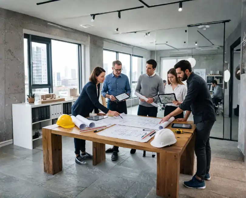 AEC project management team collaborating around architectural plans with text reading: Project Management Skills: Move from Managing Projects to Multiplying Performance by Jennifer Knox, PE, MBA. Stambaugh Ness.