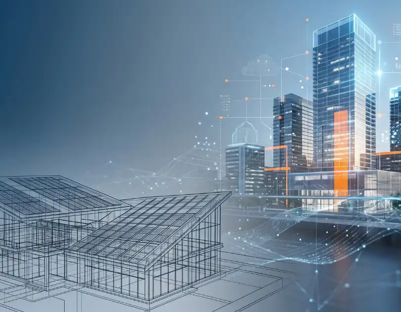 Architects and engineers reviewing digital building schematics on a holographic glass interface overlooking a modern smart city skyline.
