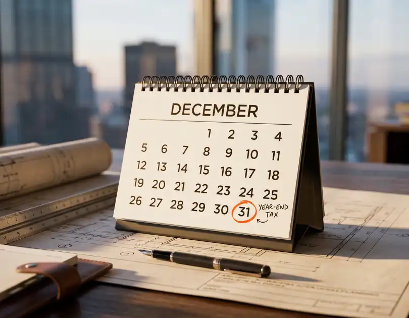 SNZweig promotional graphic for "2026 Year-End Tax Update: Planning for AEC Firms & Their Owners" virtual event on November 24, featuring speakers Marla Miller, CPA, JD, and Chad Bumbaugh, CPA, set against a December desk flip calendar with December 31 circled.