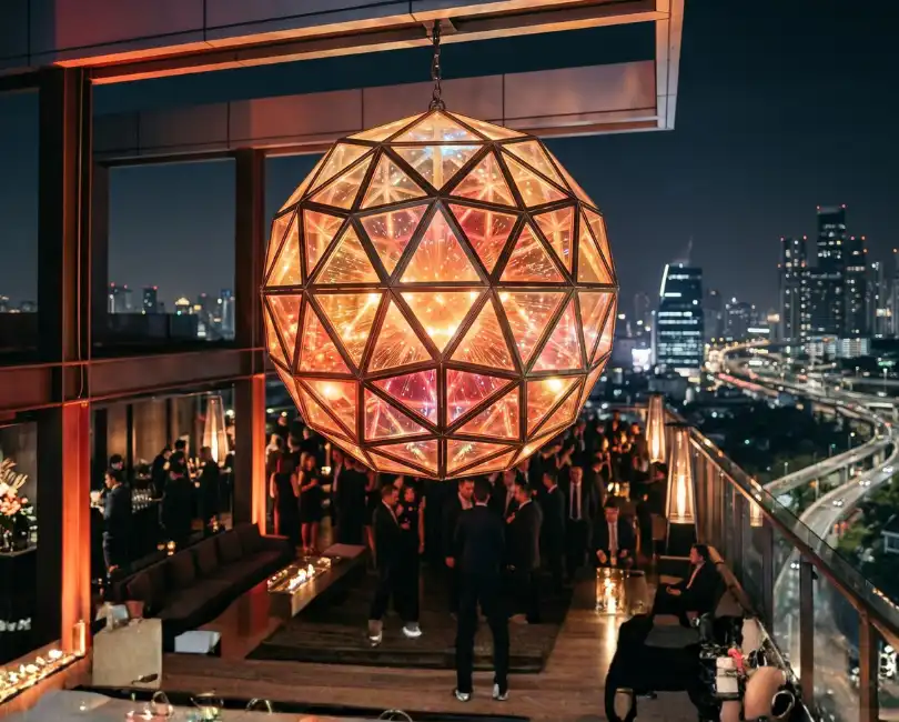 Illuminated geometric New Year's ball suspended over a nighttime city skyline with text reading "Before the Ball Drops: Year-End Tax Planning for AEC Firms" by Marla Miller, CPA, JD, featuring the SNZweig logo.